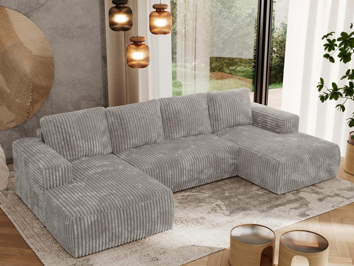 WOHNLANDSCHAFT TRENTINO U Hellgrau Cord - Hellgrau/Schwarz, Kunststoff/Textil (334/91/163cm) - MKS