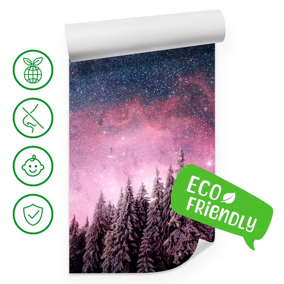 FOTOTAPETE für Schlafzimmer Verzauberter Tannenwald Winter Aurora 350x256 - Violett/Schwarz, Papier (350/256cm) - Muralo