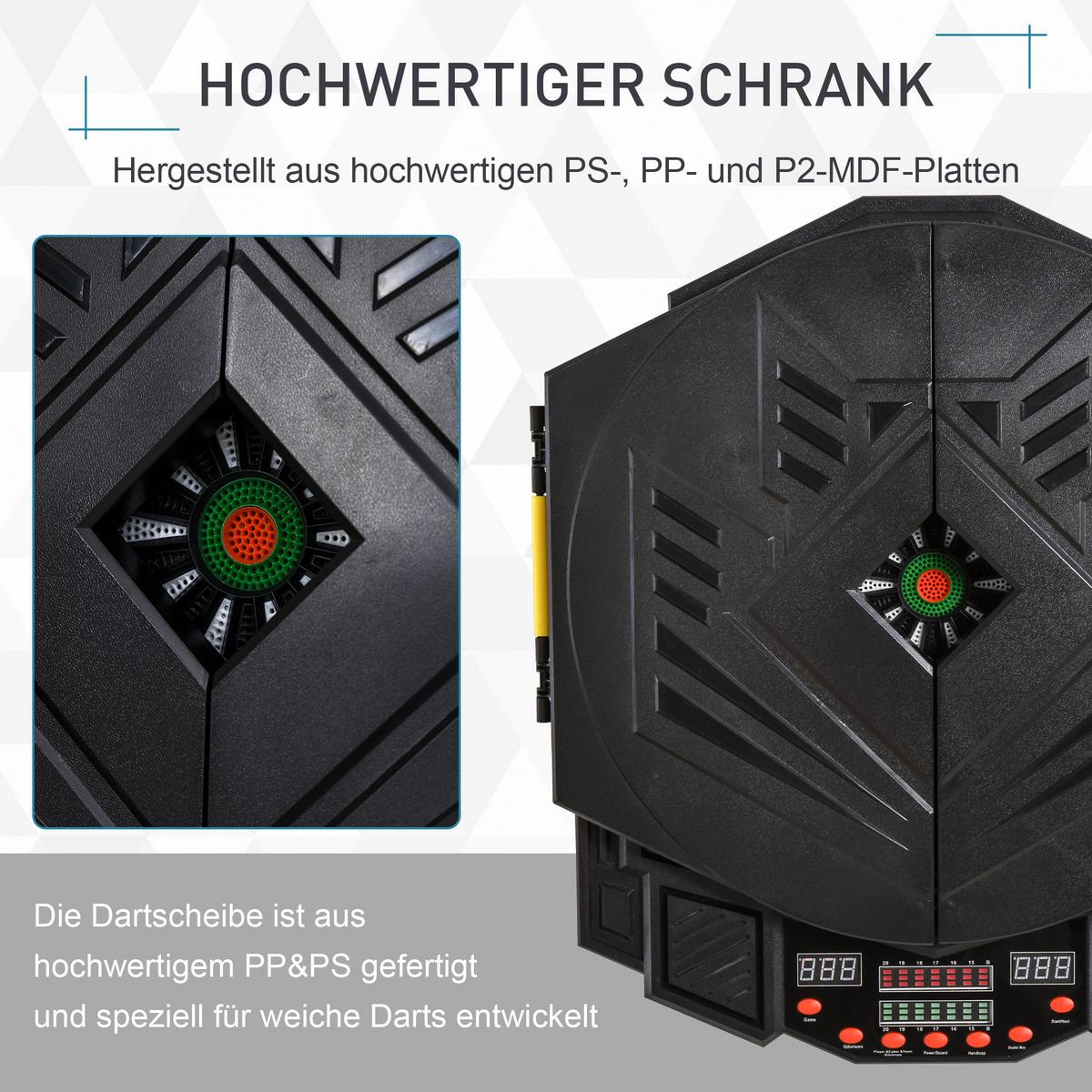 ELEKTRONISCHE Dartscheibe Dartboard mit Tür inkl. 4 LED 216 Spiele 12 Pfeile - Schwarz, Kunststoff (54.6/49cm) - HOMCOM