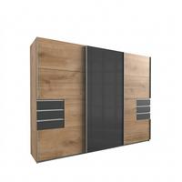 SCHWEBETÜRENSCHRANK 3-türig B270/H208/64 cm, Eiche Dekor, Mitteltür Glas Grau, Kleiderschrank mit Schubladen in Grafit & Vollausstattung / 22611 - Eichefarben/Alufarben, Holzwerkstoff/Metall (270/208/64cm) - luma-home