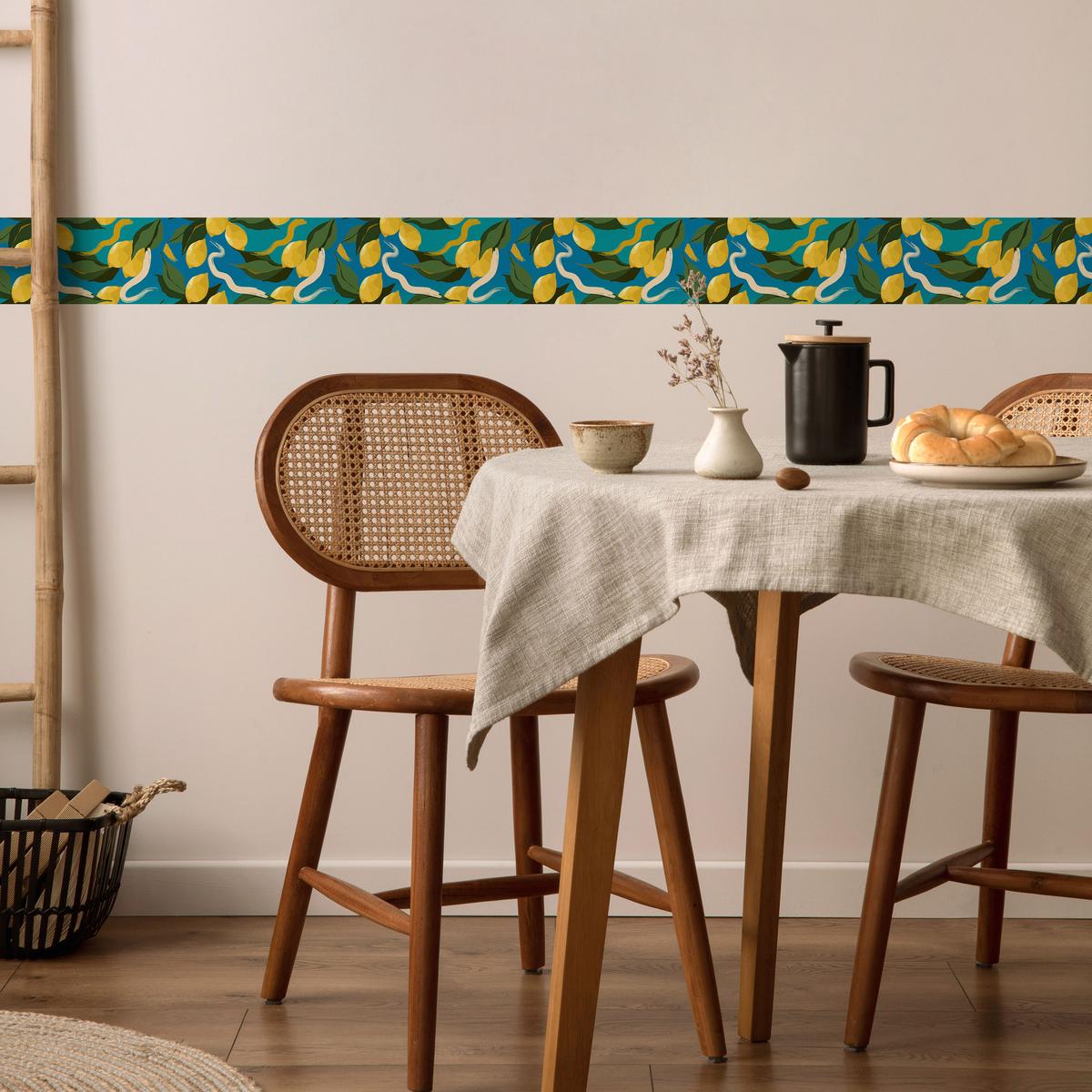 TAPETENBORDÜRE selbstklebend ZITRONEN Obst Blätter Natur für Küche - Blau/Beige, Papier (10/300/300cm) - Muralo