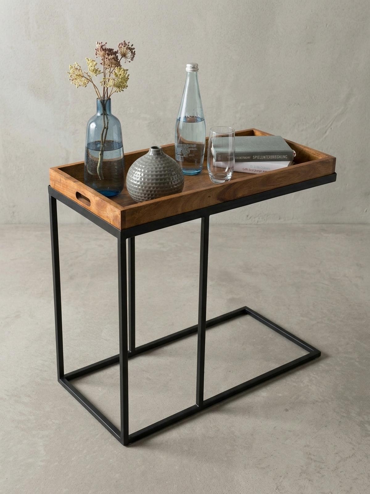 BEISTELLTISCH – Massivholz Metall platzsparend vielseitig - Schwarz/Braun, Holz/Metall (34/70/65cm) - KADIMA DESIGN