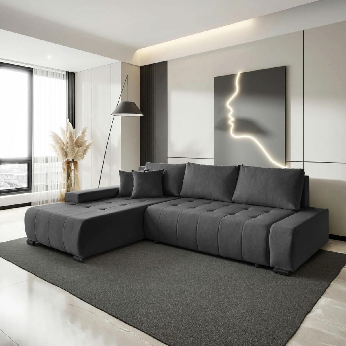 ECKSCHLAFSOFA Draco L Graphit - Graphitfarben/Schwarz, Textil/Metall (268/183cm) - Beautysofa