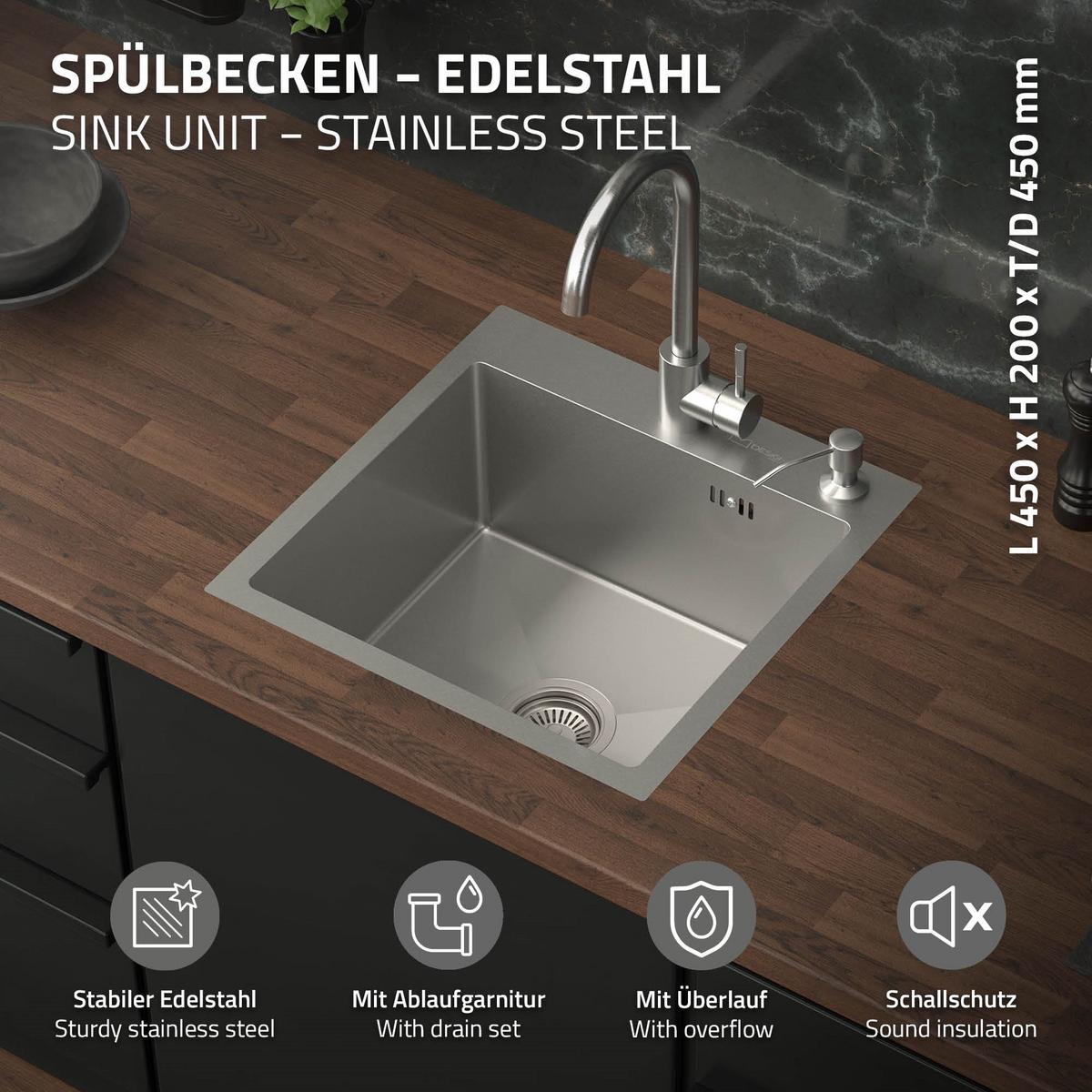 SPÜLBECKEN aus Edelstahl 45x45 cm mit Siphon - Silberfarben, Metall (45/19/45cm) - ML-DESIGN