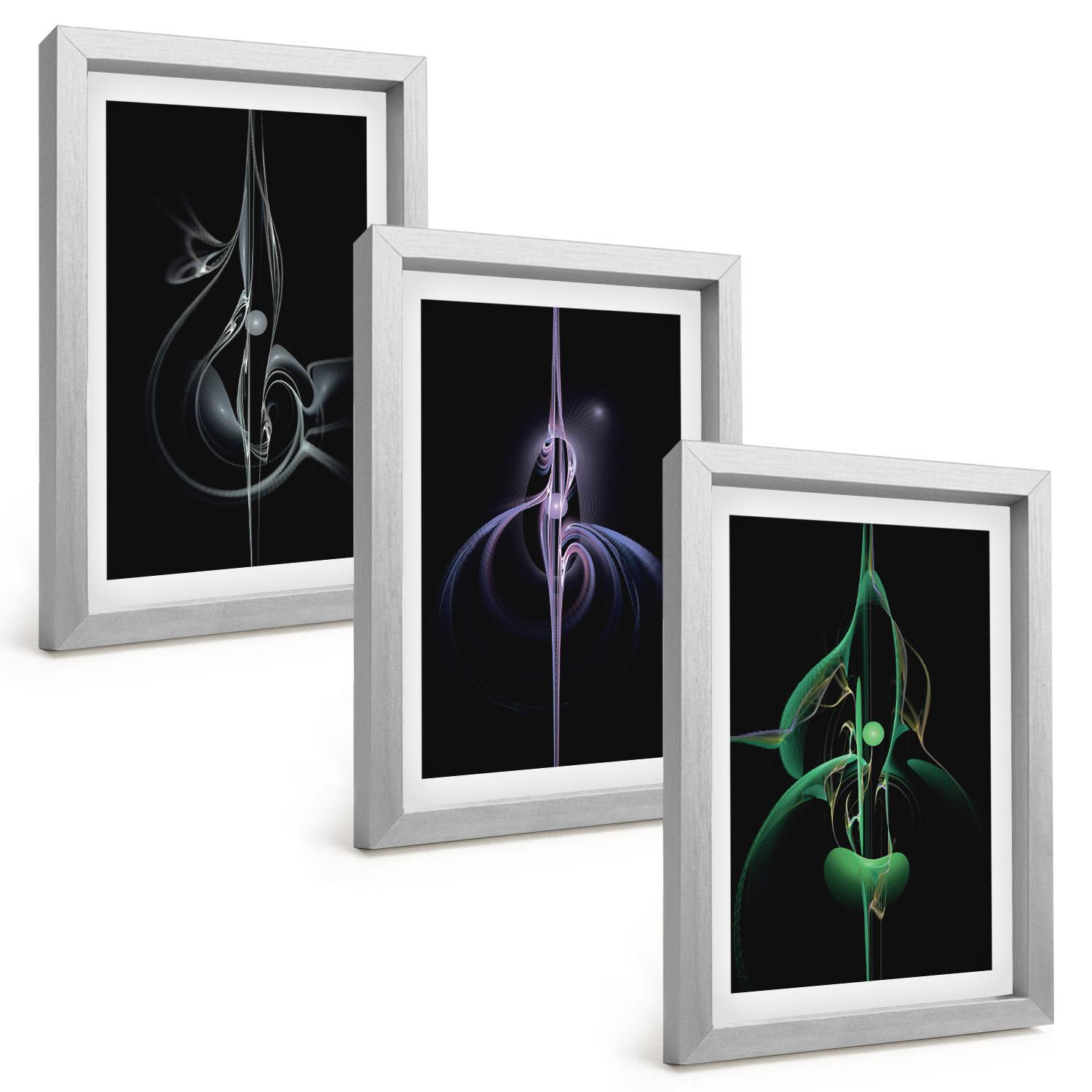 BILDER SET 3er Set - 20x30 cm Silberner Rahmen - Abstrakte schwarze Farbmuster - Silberfarben, Kunststoff (20/30cm) - TULUP