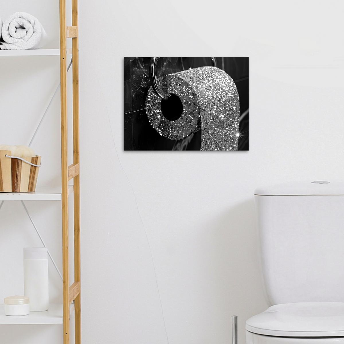 LEINWANDBILD WC - Toilettenpapier - Schwarz und weiß - Glitter Wandbild 40x30 cm - Silberfarben, Textil (40/30cm) - MuchoWow