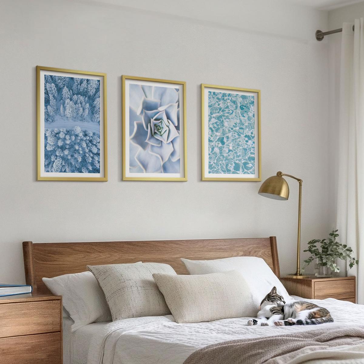 BILDER SET 3er Set - 40x60 cm Goldrahmen - Winterwald blaue Blume Wasser - Goldfarben, Kunststoff (40/60cm) - TULUP