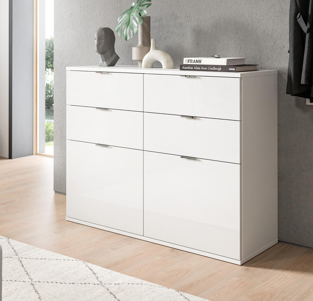 KOMMODE weiß Hochglanz 110 cm, Schuhschrank mit 4 Vollauszug Schubkästen und 4 Fächern - Chromfarben/Weiß Hochglanz, Holzwerkstoff/Kunststoff (110/85/37cm) - Inn.Furn
