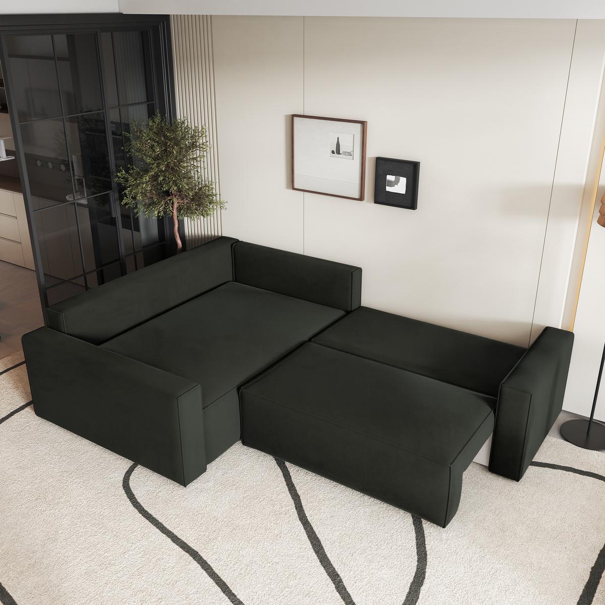 ECKSOFA ERONIS L-S Schwarz Velours-Stoff mit Schlaffunktion - Schwarz, Holz (265/194cm) - MASSENO