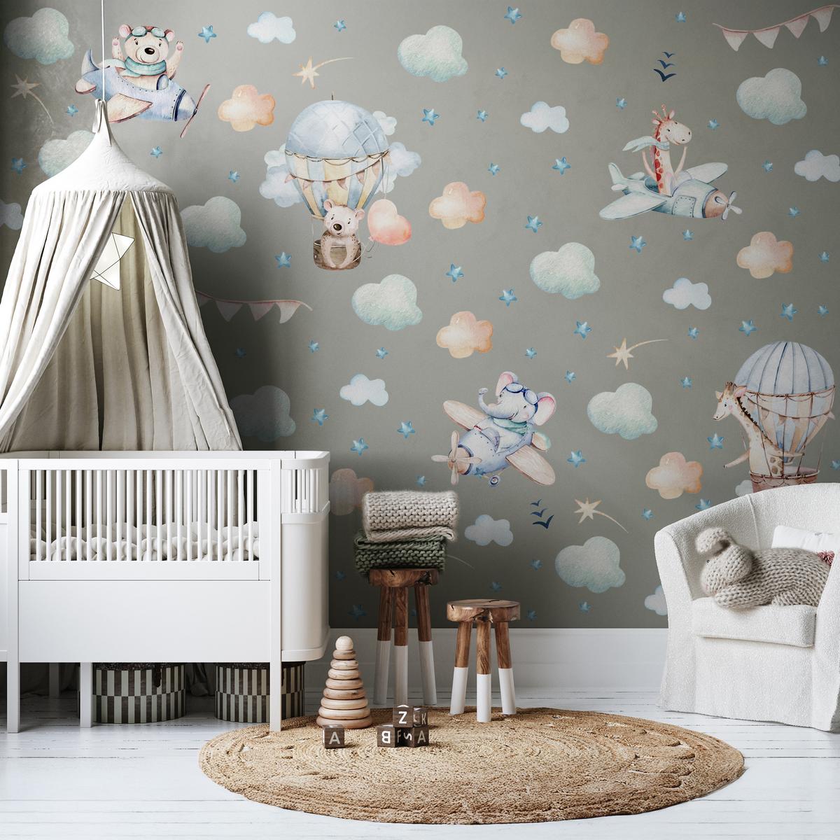 WANDAUFKLEBER SET für Kinder Tiere Wolken Flugzeuge Sterne 60x30 - Gelb/Beige, Papier (60/30/1cm) - Muralo