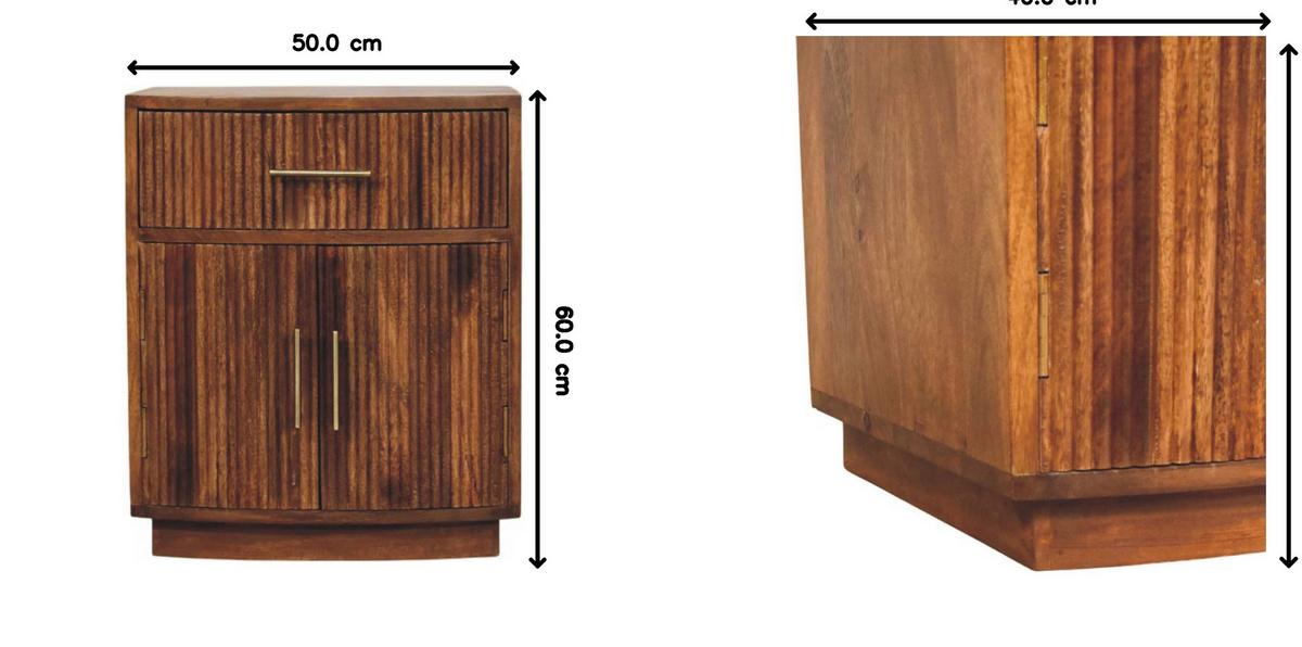 NACHTKASTEN Massivholz Geschwungen Geriffelt, 1 Schublade und 2 Regale mit Türen, Dunkelbraun - Hellbraun/Messingfarben, Holz/Metall (50/60/40cm) - Artisan Furniture