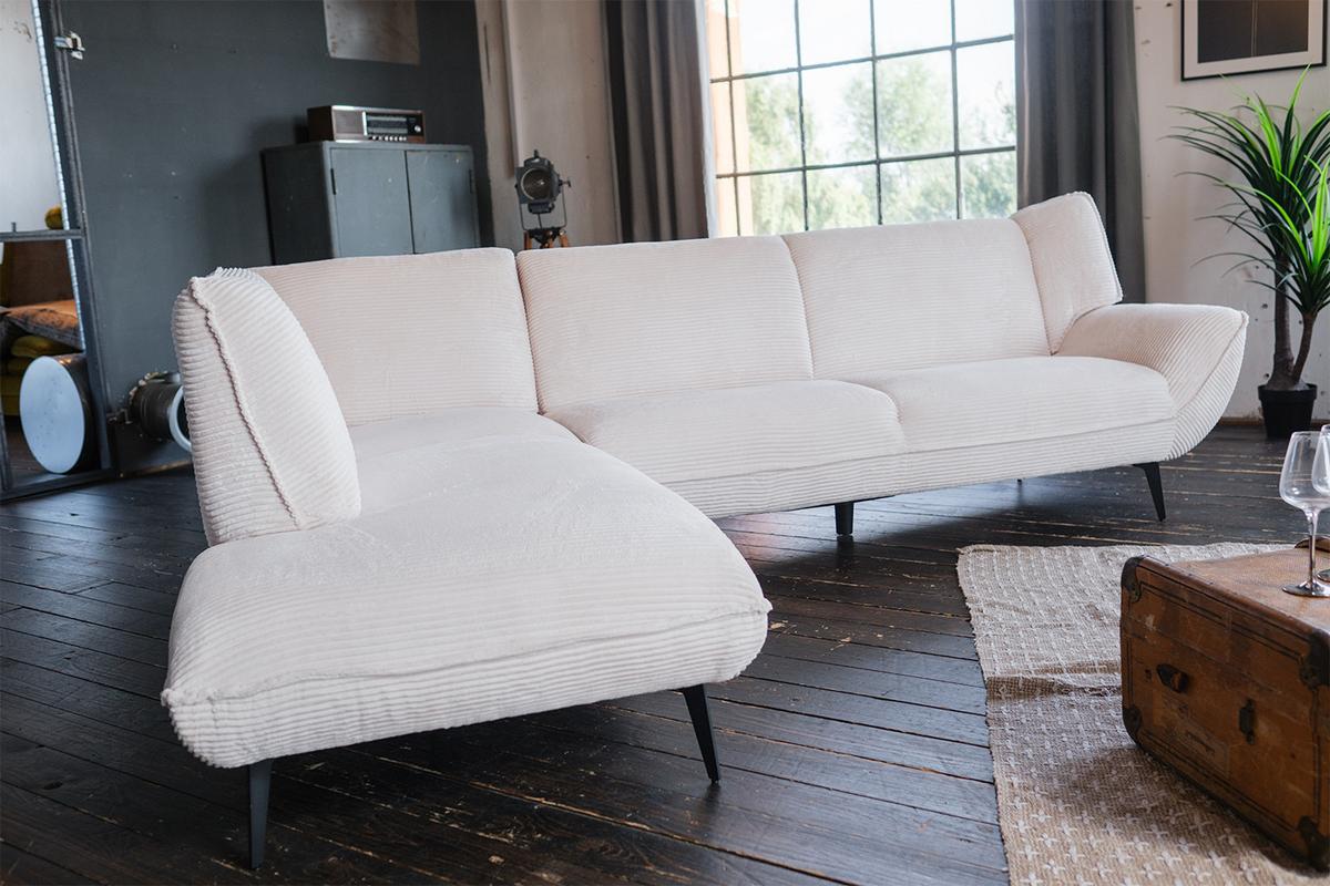 ECKSOFA CALLA Cremeweiß Cord - Creme/Schwarz, Textil (274/203cm) - KAWOLA