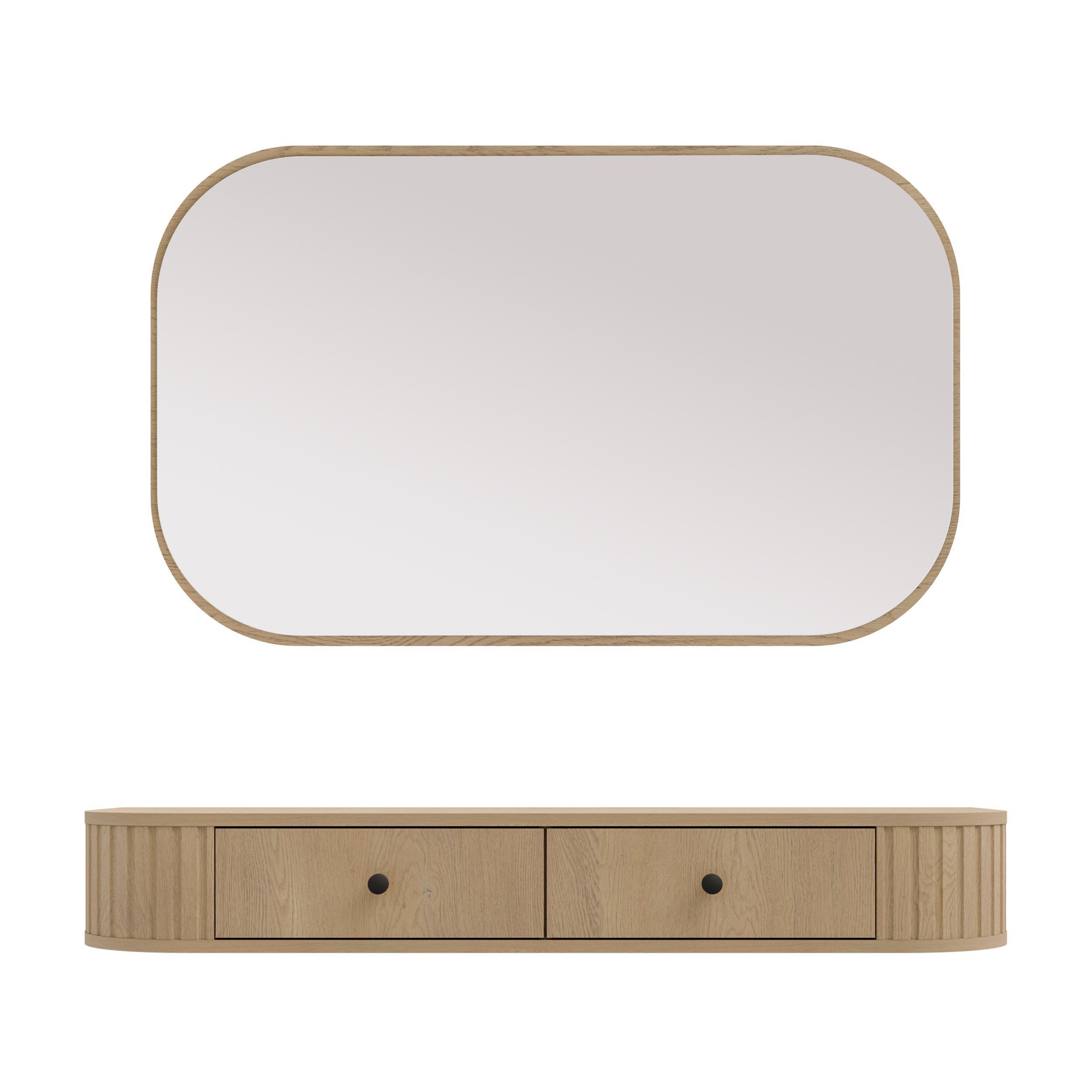 KONSOLENTISCH Halay Eiche Cremona 2 Schubladen mit runden Kanten + Rechteckiger Spiegel - Eichefarben/Schwarz, Holzwerkstoff/Metall (36/123/17.5cm) - AX Living