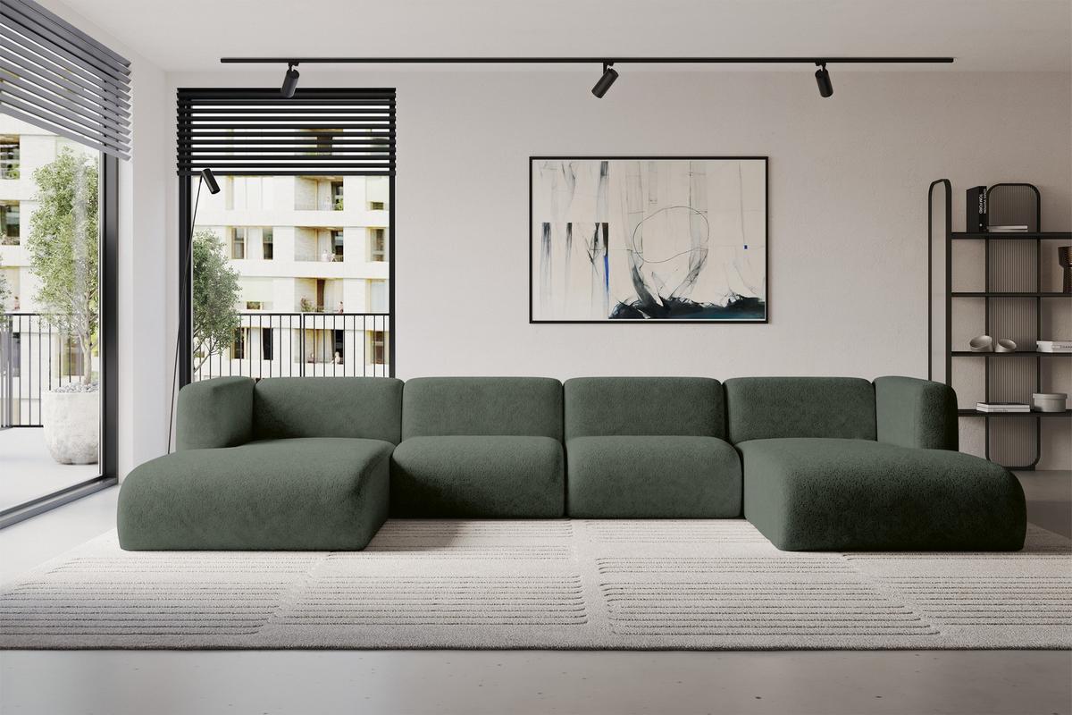 WOHNLANDSCHAFT MIRA-U2 408x179x70 Grün Velours - Schwarz/Grün, Holzwerkstoff/Kunststoff (408/70/179cm) - ALTDECOR