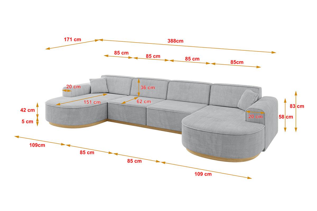 WOHNLANDSCHAFT MARI-U2-v2 - 388x171x83 cm Grau Cord - Grau, Holzwerkstoff/Textil (388/83/171cm) - ALTDECOR