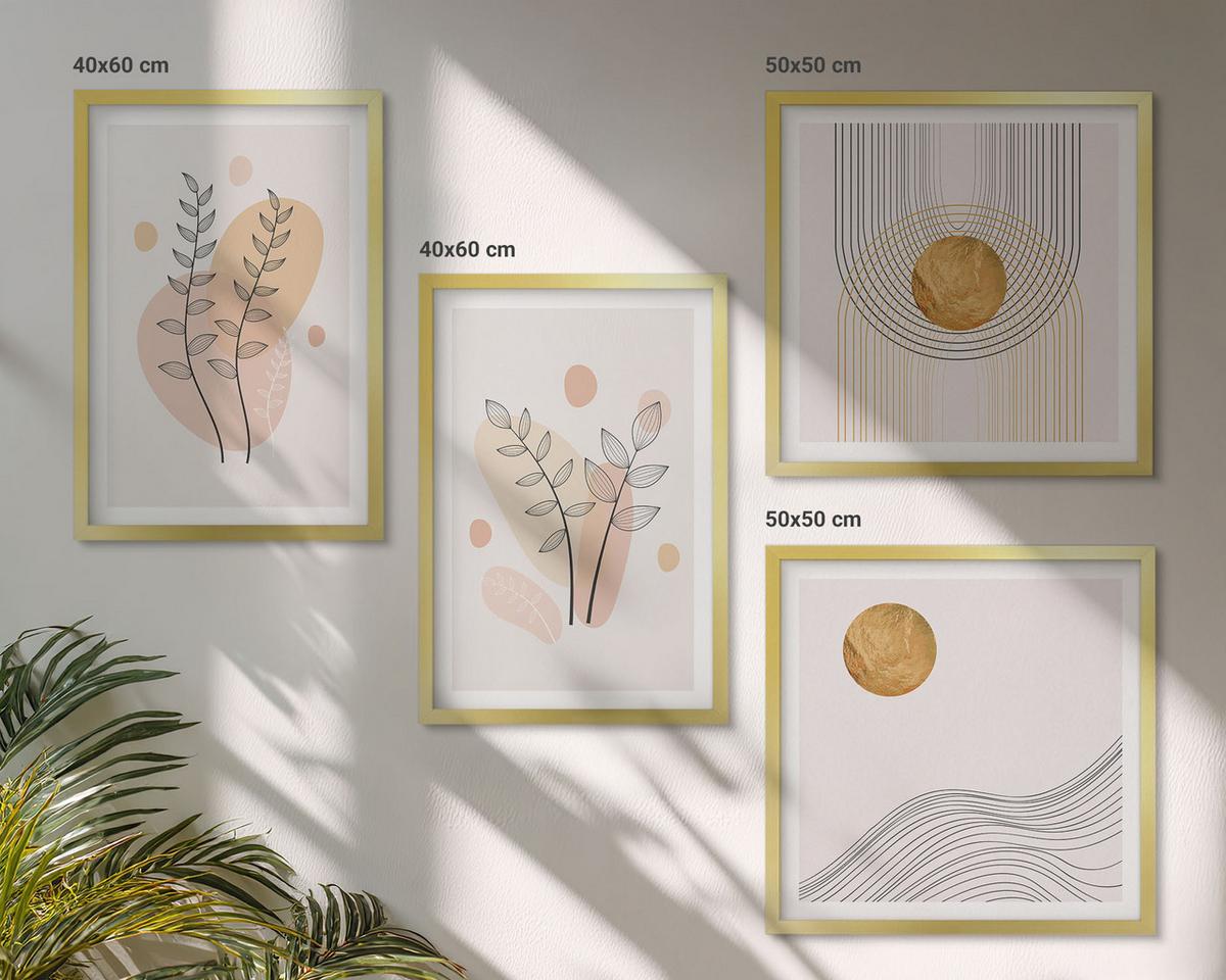 BILDER SET 4er Set - 50x50 cm & 40x60 cm Goldrahmen - Minimalistische Pflanzenzeichnungen - Goldfarben, Kunststoff (50/50cm) - TULUP