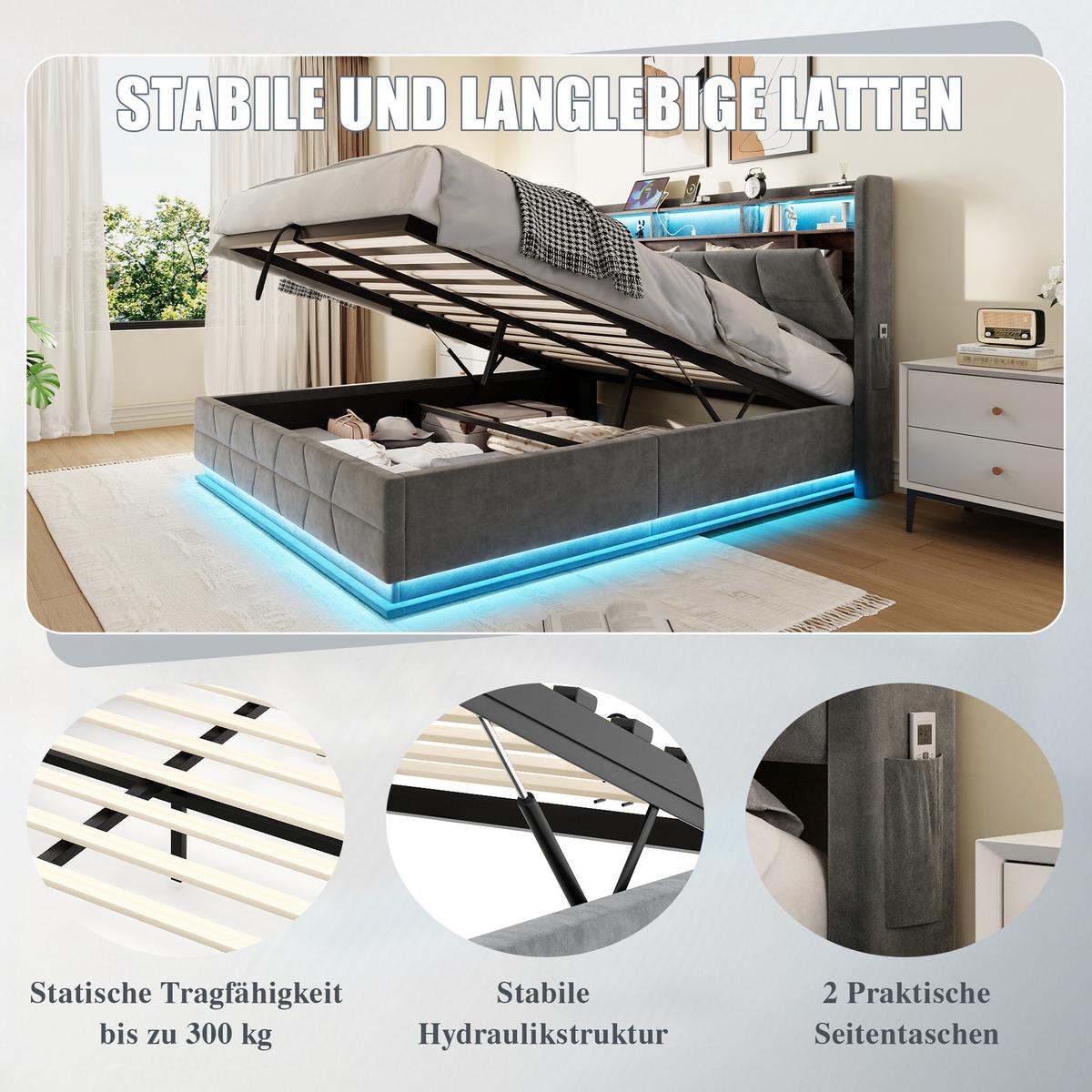 POLSTERBETT samt dunkelgrau 160x200 cm mit led-beleuchtung & usb-ladestation - Dunkelgrau, Textil (160/200cm) - Urban Meuble