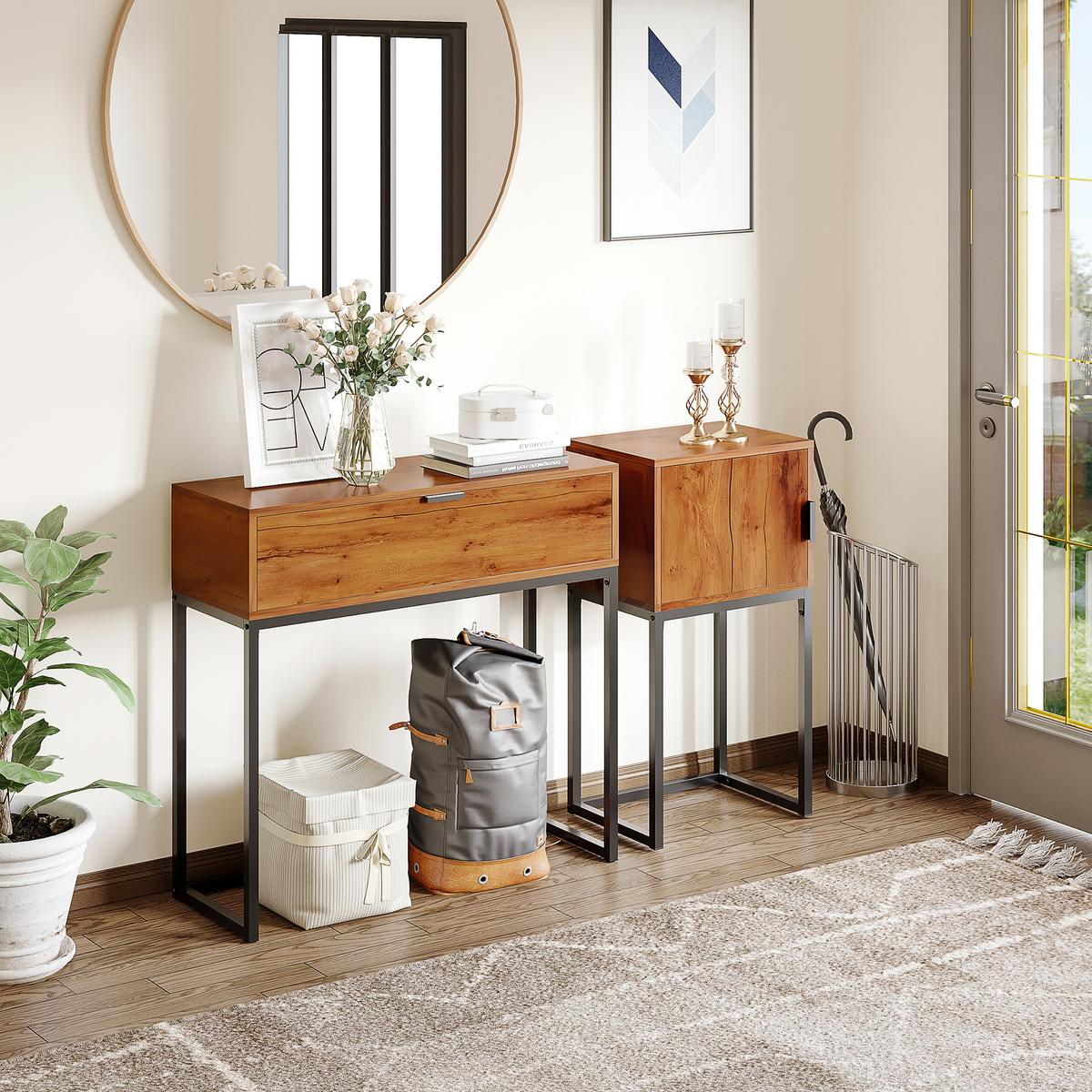KONSOLENTISCH mit Schrank, Sofatisch Flurtisch im Industriedesign für Eingang - Naturfarben, Holzwerkstoff (80/30/76cm) - HOMCOM