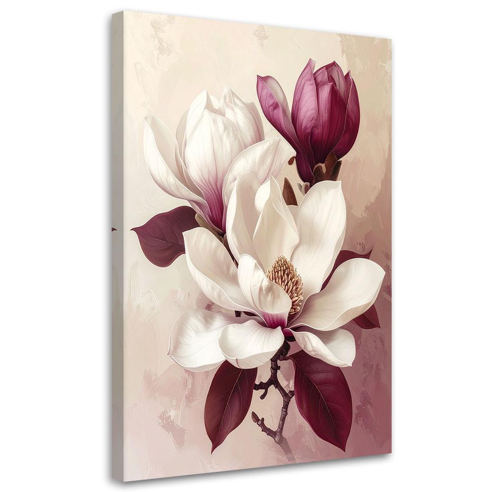 LEINWANDBILD, Weiße Magnolie mit burgunderroten Blättern in einem romantischen Stil - Lila, Textil (40/60cm) - Feeby