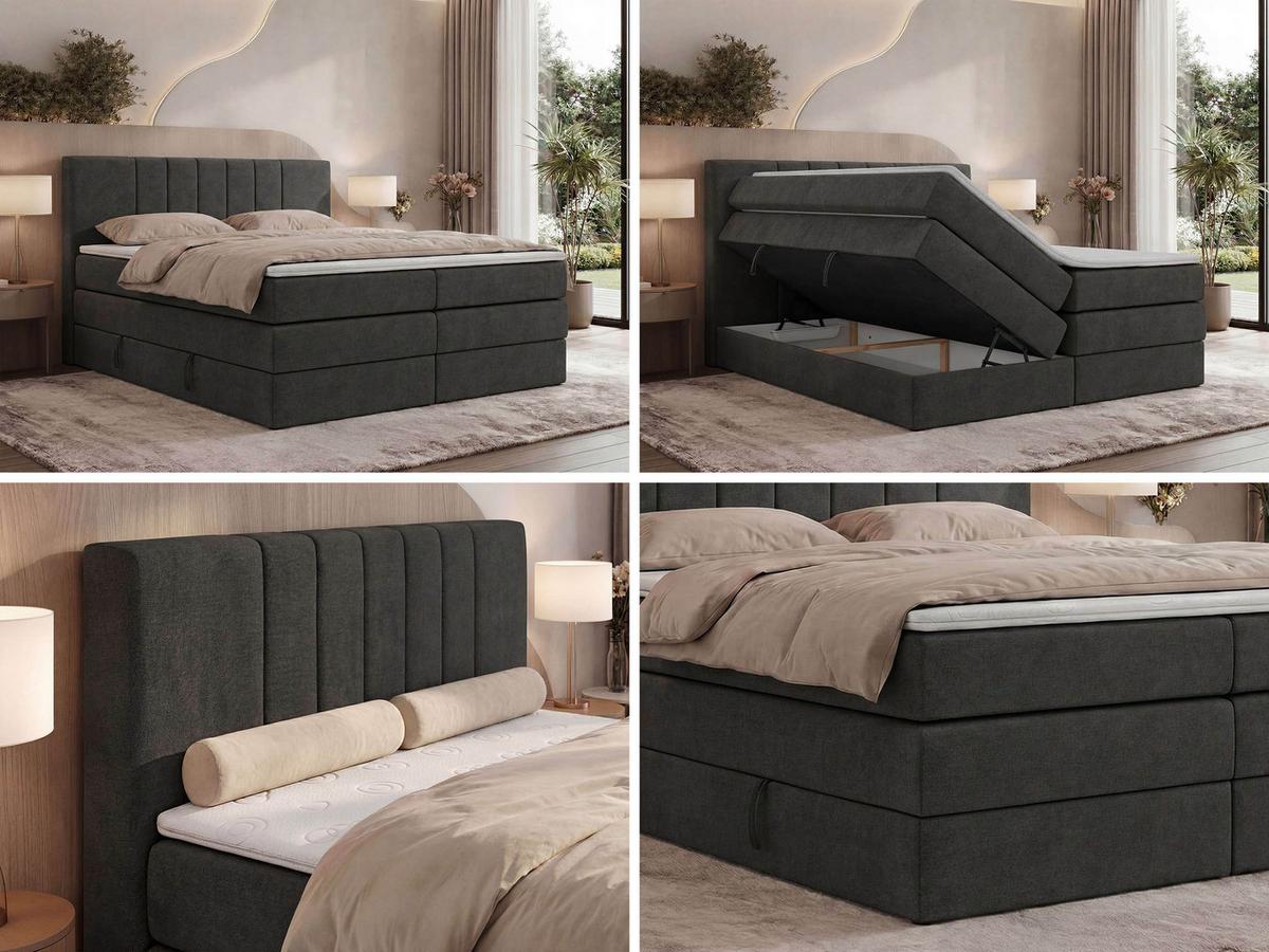 BOXSPRINGBETT INERO KING 140/200 - Dunkelgrau Stukture - Topper Visco - H3 - Dunkelgrau/Schwarz, Kunststoff/Textil (140/200cm) - MKS