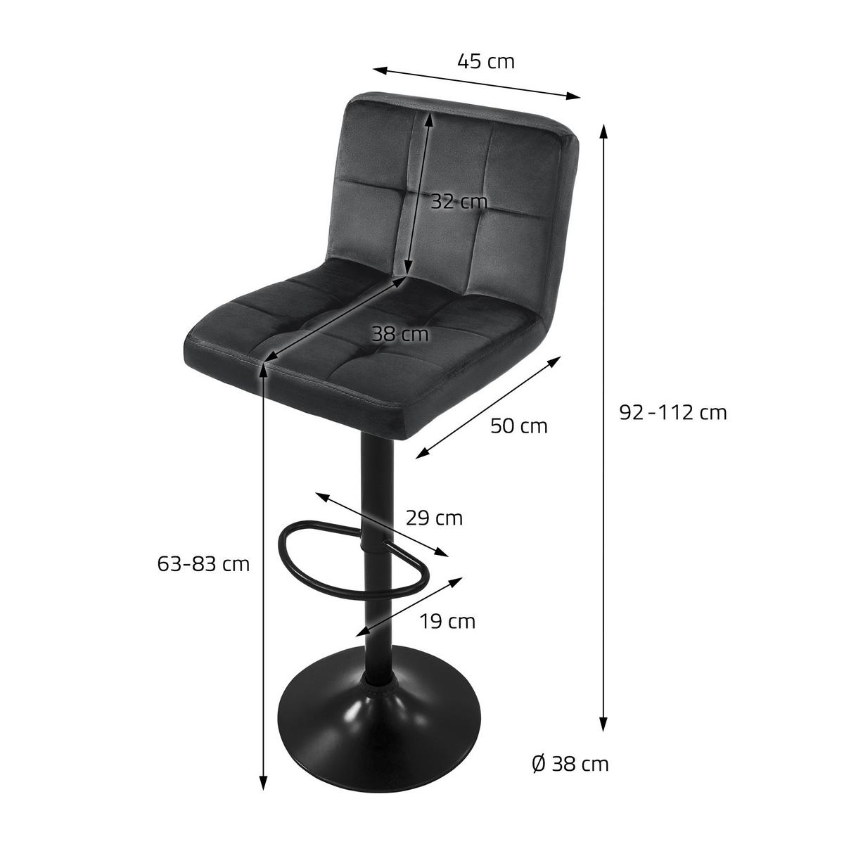 BARHOCKER 2er Set Grau aus Samt höhenverstellbar/drehbar - Schwarz/Grau, Textil/Metall (50/112/45cm) - ML-DESIGN