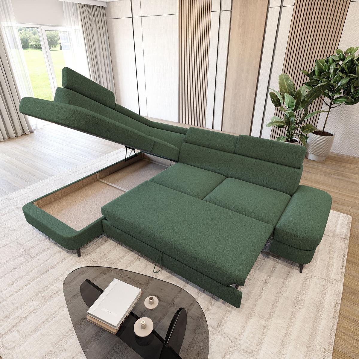ECKSOFA AVISE Q L-S Grün Boucle-Stoff mit Schlaffunktion - Grün, Holzwerkstoff/Textil (268/195cm) - MASSENO