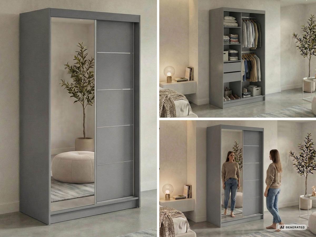 SCHWEBETÜRENSCHRANK mit Schubladen 120 - SKORIA - Grau mit Spiegel - Alufarben/Grau, Holzwerkstoff/Metall (120/216/61cm) - MKS