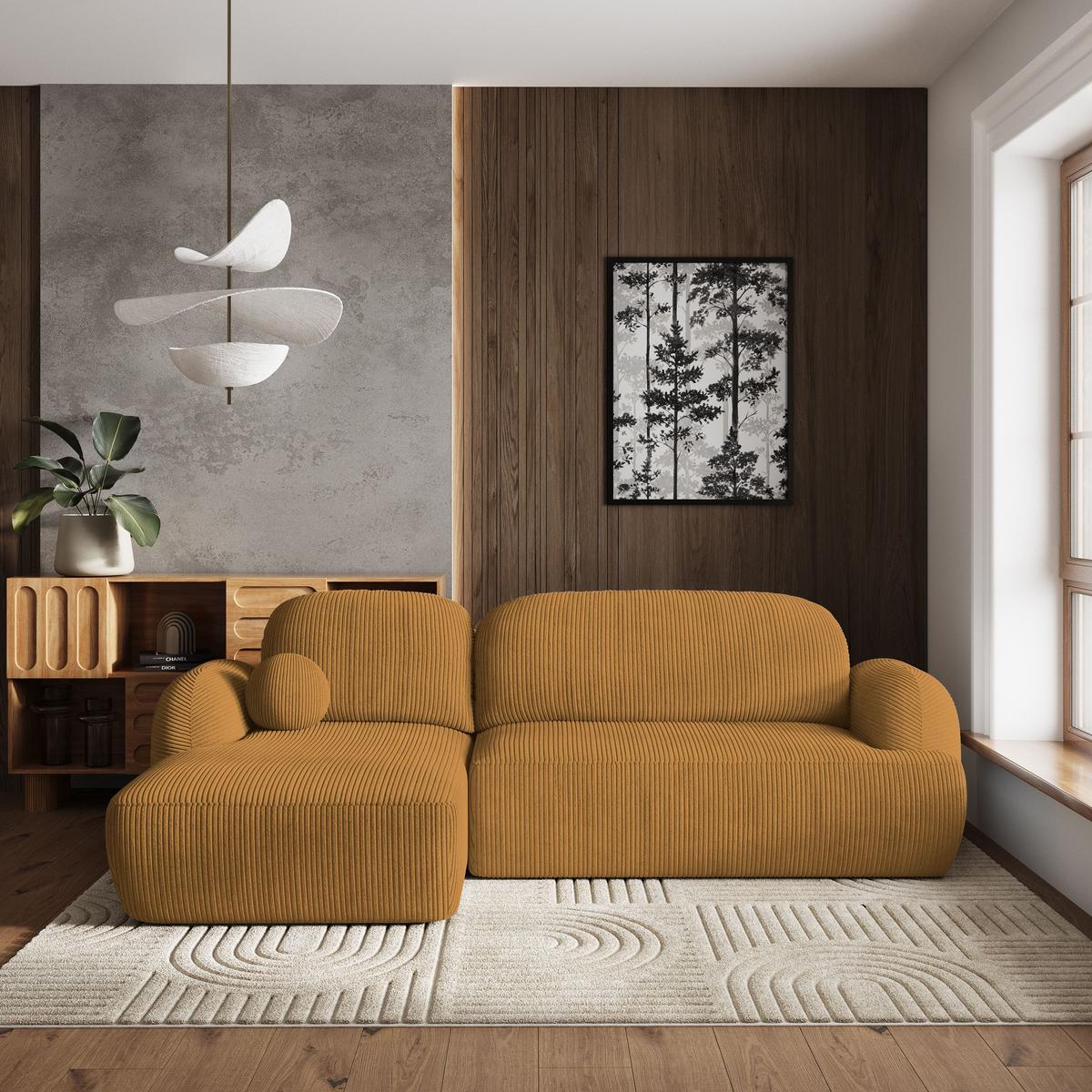 ECKSOFA MODENZA P L-S Gelb Kordstoff mit Schlaffunktion - Gelb/Schwarz, Holz/Kunststoff (266/148cm) - MASSENO