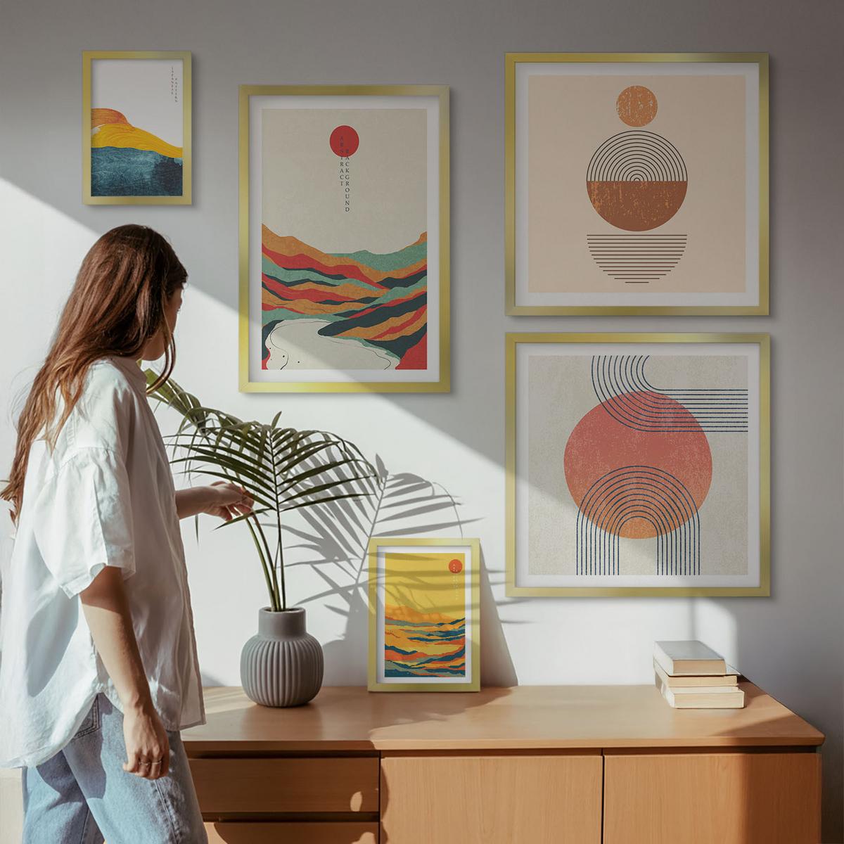 BILDER SET 5er Set - 50x50 cm & 20x30 cm & 40x60 cm Goldrahmen - Abstrakte Berglandschaften - Goldfarben, Kunststoff (40/60cm) - TULUP