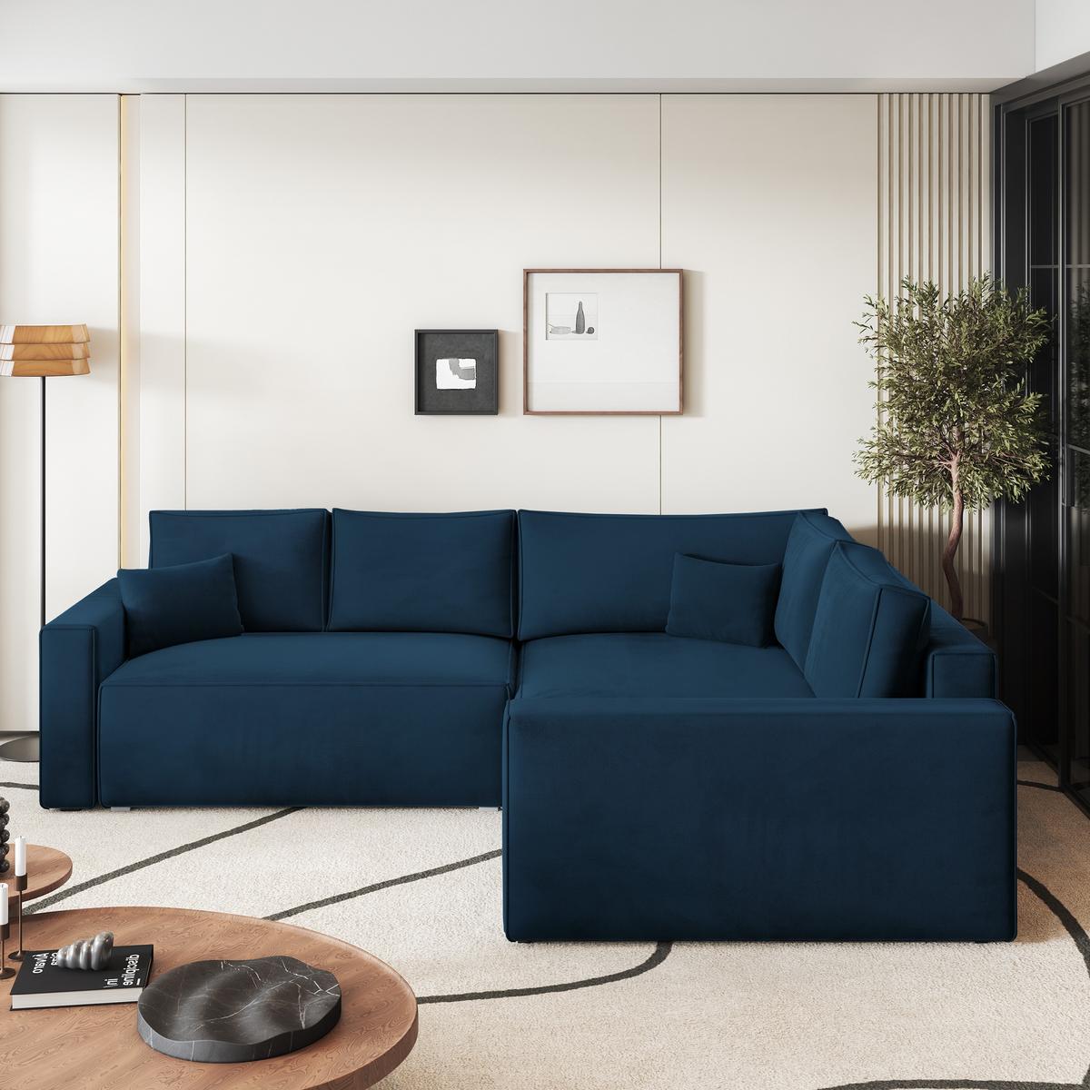 ECKSOFA ERONIS R-S Blau Velours-Stoff mit Schlaffunktion - Blau, Holz (265/194cm) - MASSENO