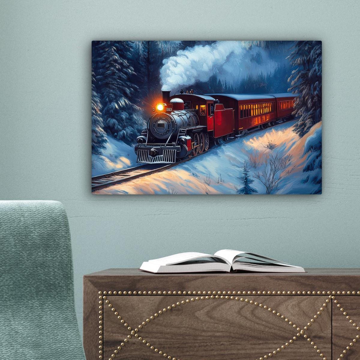 LEINWANDBILD Zug - Weihnachten - Schnee - Weihnachtszug Deko Schlafzimmer 30x20 cm - Anthrazit, Textil (30/20cm) - MuchoWow