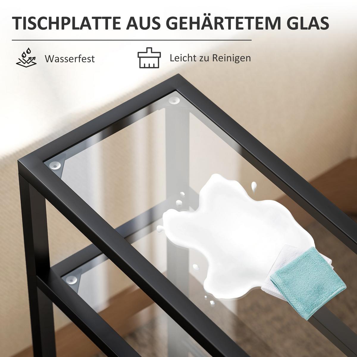 BEISTELLTISCH kleiner Couchtisch mit 3 Ebenen, Tischplatte aus Hartglas Schwarz - Schwarz, Metall (40/18/62cm) - HOMCOM