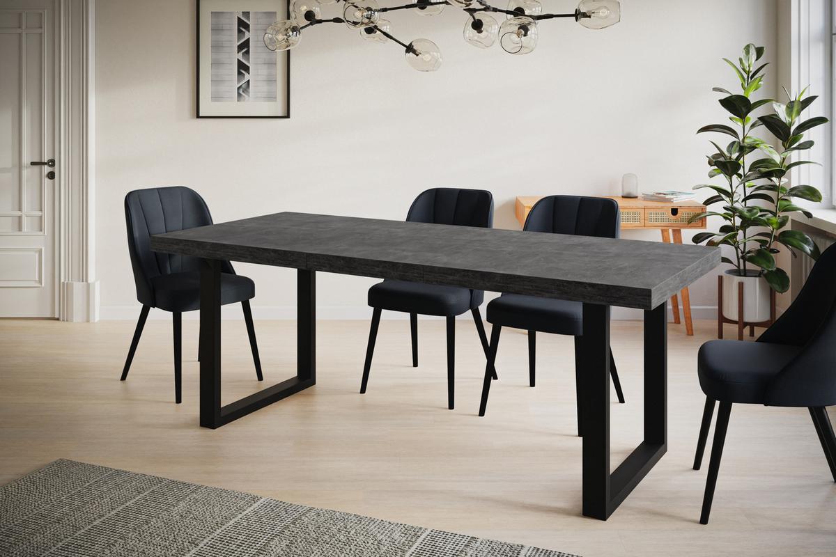 INDUSTRIELLER Esszimmertisch LOFT-U, ausziehbarer Tisch, Größe: 140-240X80X77 cm, Wohnzimmertisch Farbe: Dunkelgrau, mit Metallbeinen in Farbe Schwarz - Dunkelgrau/Schwarz, Holzwerkstoff (140/80/77cm) - Alpi-Möbel