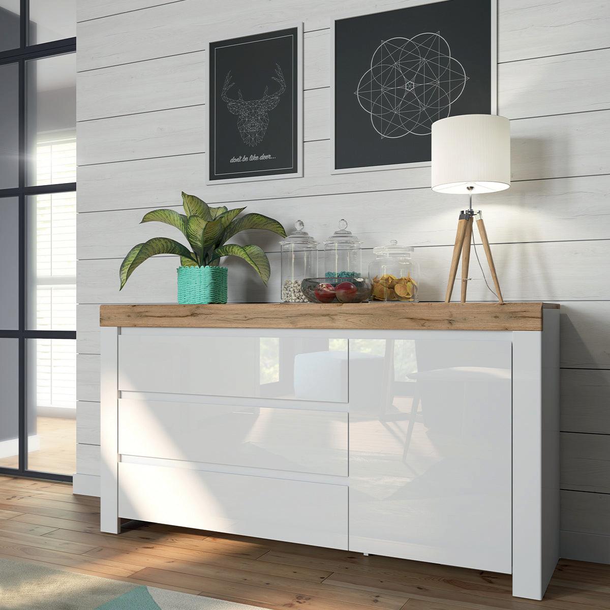 SIDEBOARD Hella Weiß und Holz - Weiß, Holzwerkstoff (156/84/42cm) - Petits-meubles