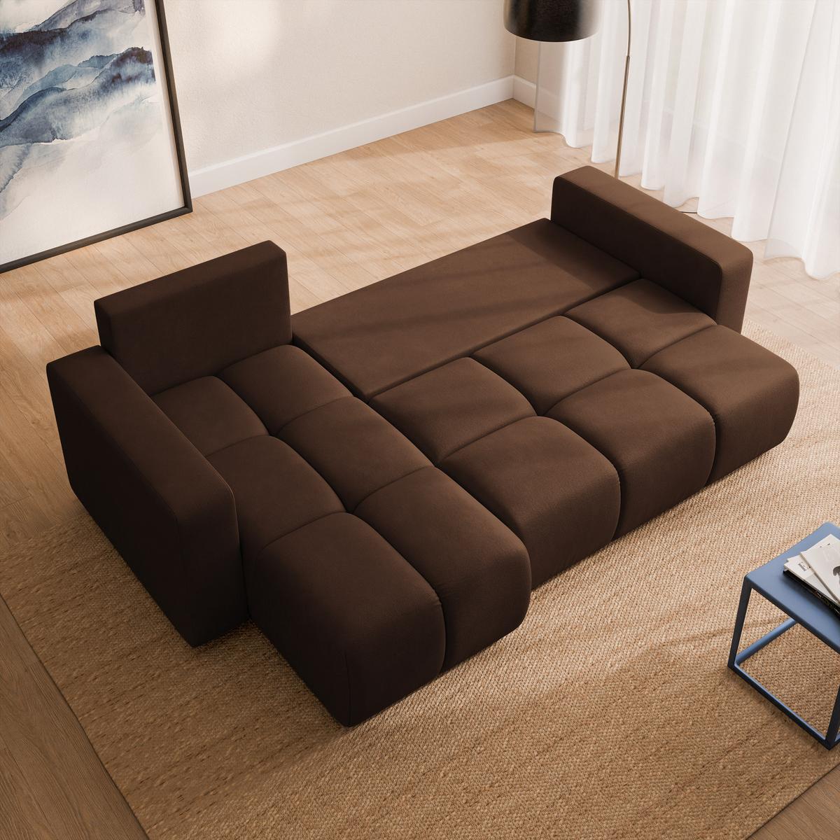 ECKSOFA RAMIL Braun Plüsch-Stoff mit Schlaffunktion - Braun, Holz (240/149cm) - MASSENO