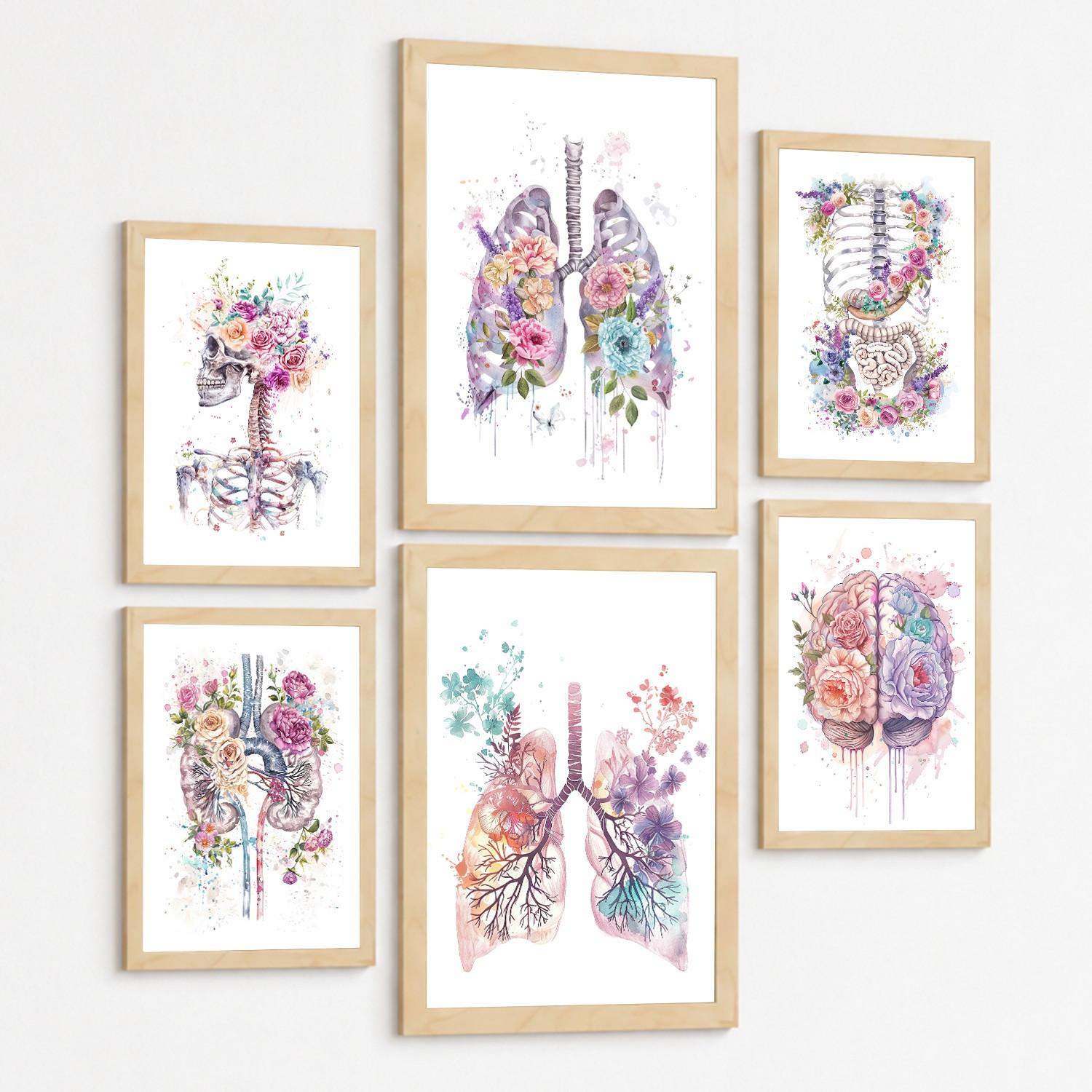 POSTER Set aus 6 Anatomie Mensch Florale Aquarell Drucke und mit Gehirn Lungen Skelett Nieren und Organen Botanische Größe Leichter Holzrahmen A3 & A4 - Beige, Papier (29.7/42/3cm) - Nacnic