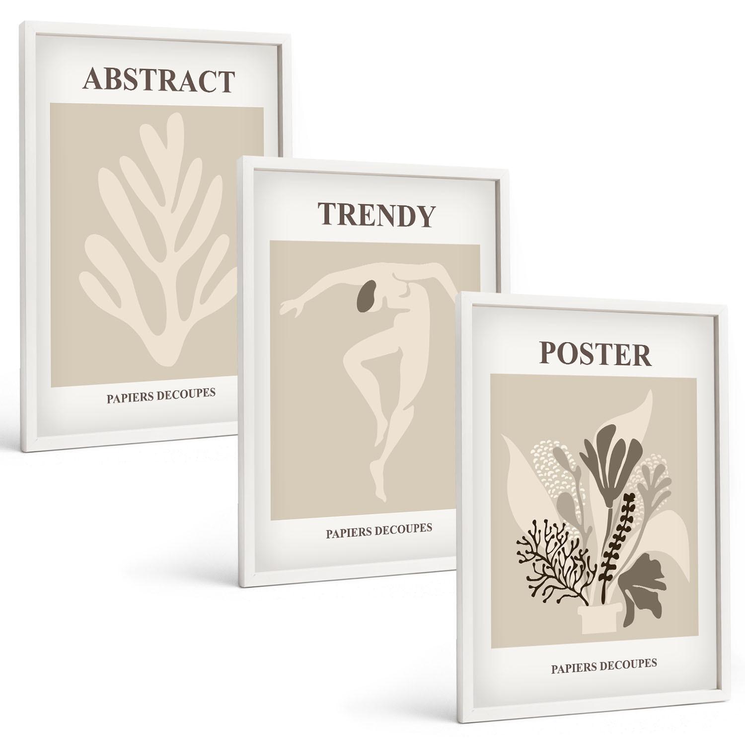 BILDER SET 3er Set - 40x60 cm Weißer Rahmen - Blumenmuster beige braun - Weiß, Kunststoff (40/60cm) - TULUP