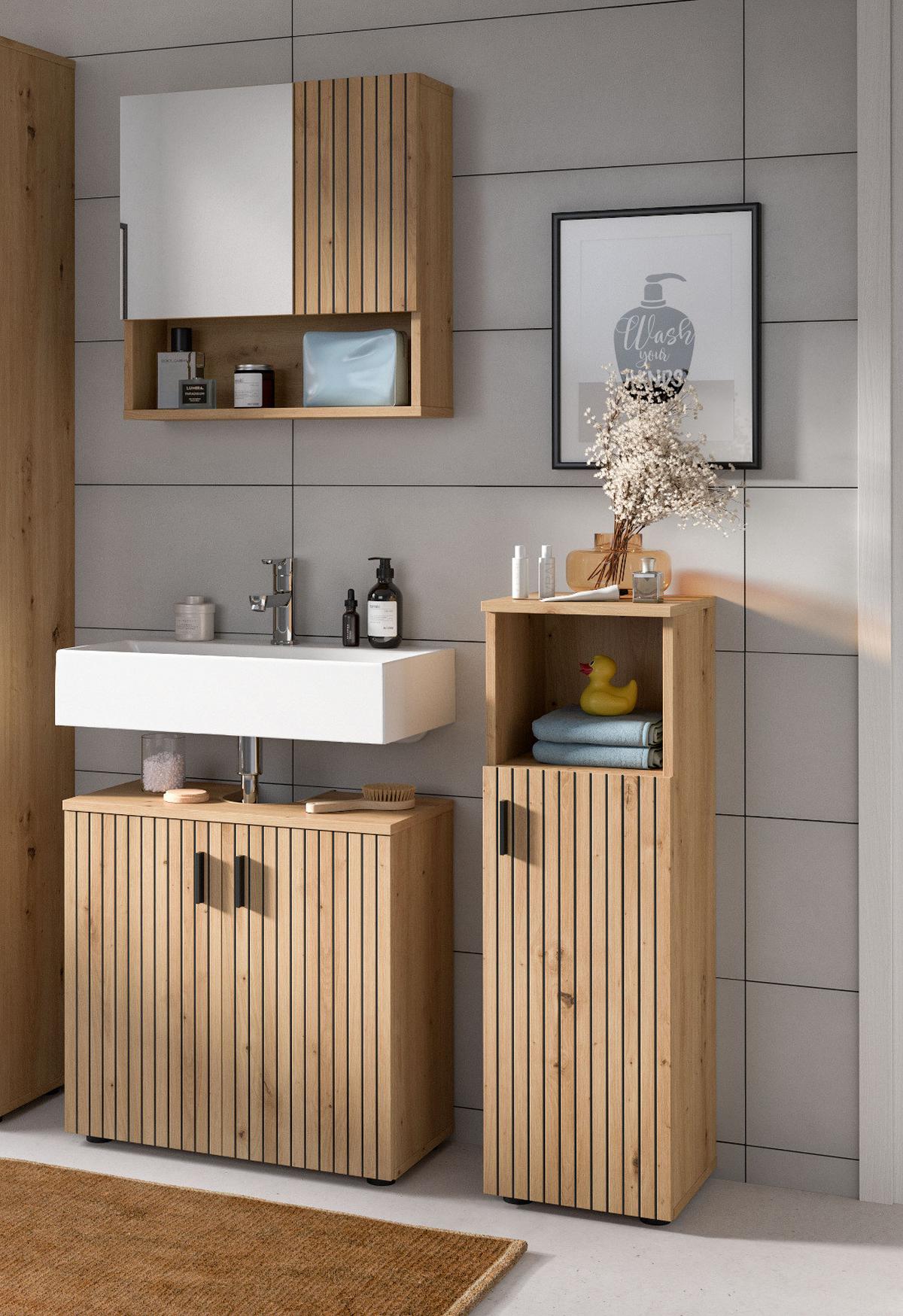 KOMMODE Eiche 30 x 95 cm, Badschrank mit Leistenoptik - Schwarz/Eiche Artisan, Holzwerkstoff/Kunststoff (30/95/30cm) - Inn.Furn