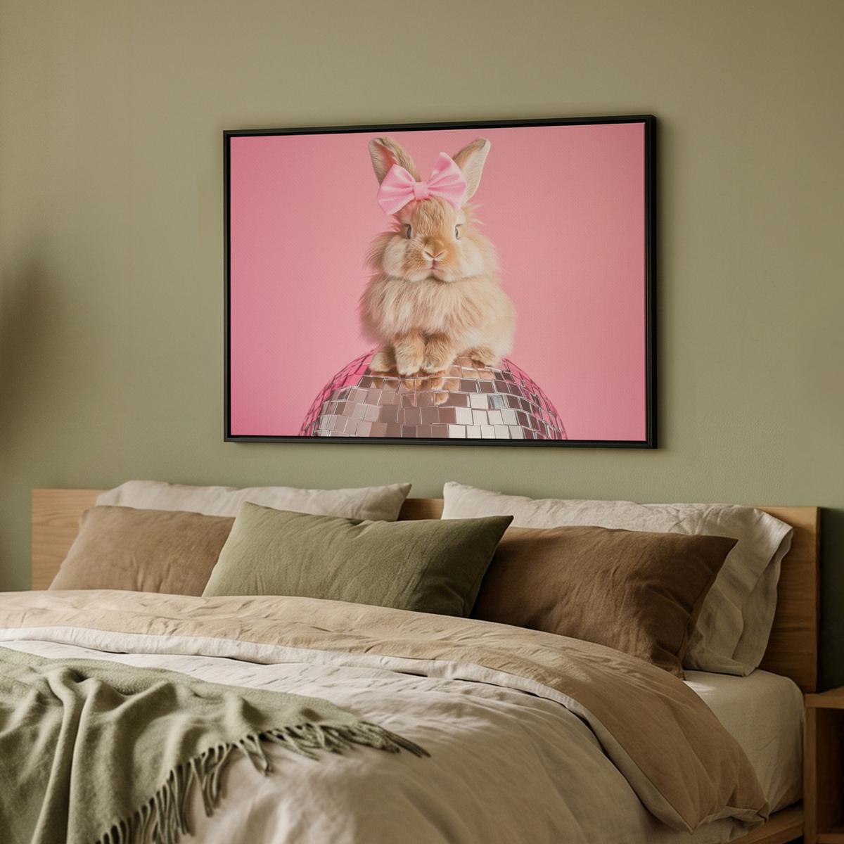 LEINWAND Bilder mit Rahmen - Schleife - Discoball - Kaninchen - 80x60 - Pink, Textil (80/60cm) - MuchoWow