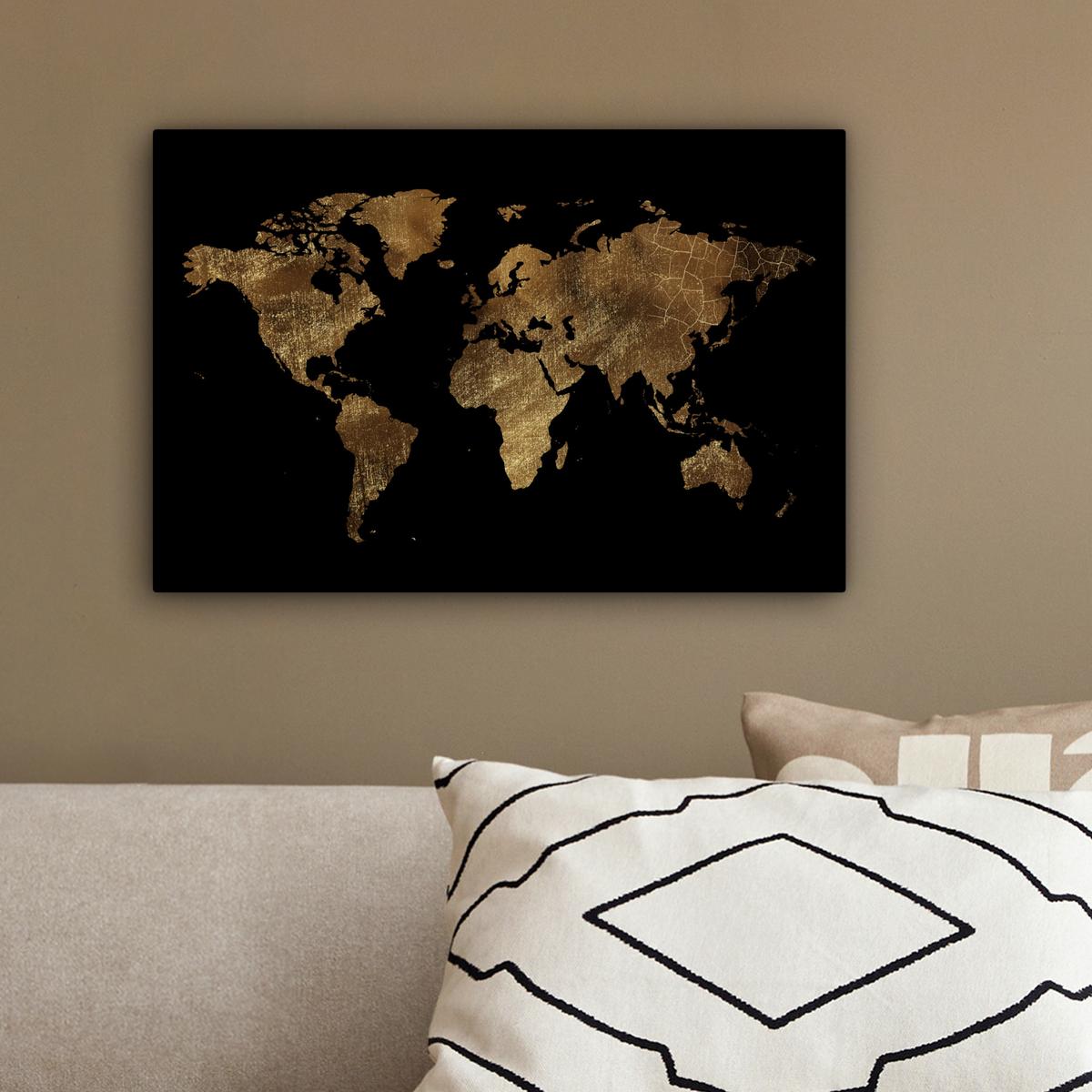 LEINWANDBILD Weltkarte - Gold - Luxus - Erde - Schwarz Deko Schlafzimmer 30x20 cm - Goldfarben, Textil (30/20cm) - MuchoWow