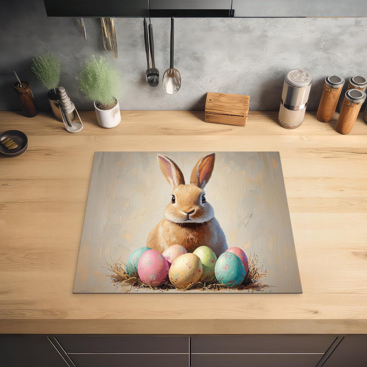 HERDABDECKPLATTE Osterhase - Pastell - Eier Ceranfeldabdeckung 59x52 cm - Beige, Kunststoff (59/52/0.2cm) - MuchoWow