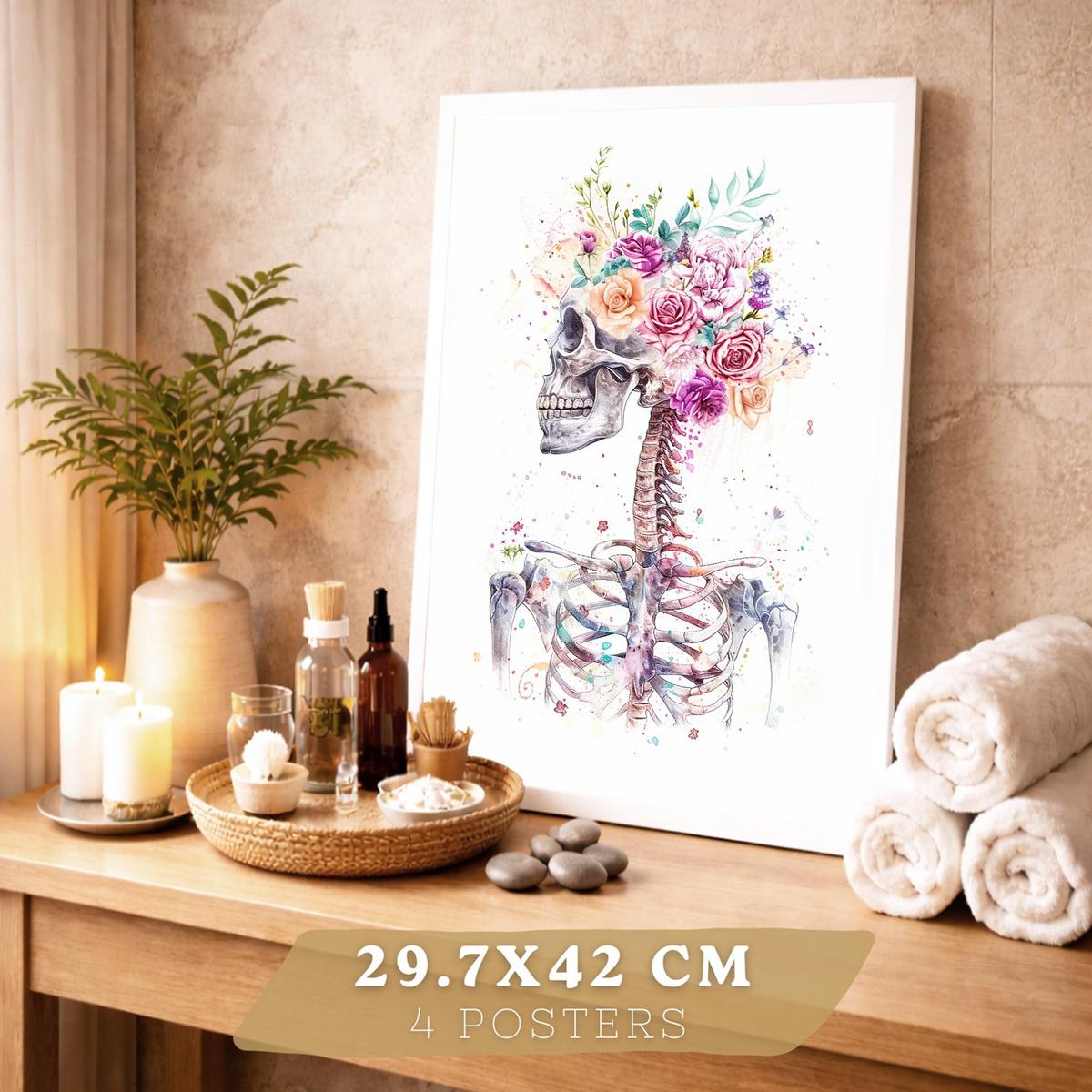 POSTER Set aus 4 Anatomie Mensch Drucke und Wandbilder mit Schädel Lungen Verdauungssystem und Gehirn Florales Aquarell Design Größe Weißer Rahmen A3 - Weiß, Papier (29.7/42/3cm) - Nacnic