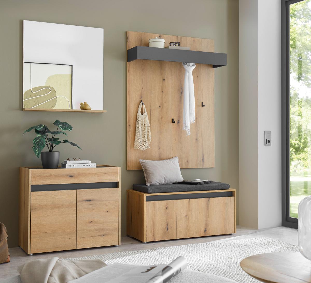 GARDEROBE-SET Evoke Eiche mit Grau, 5-teilige Flurgarderobe 190 cm inklusive Sitzkissen - Eichefarben/Schwarz, Glas/Holzwerkstoff (190/200/40cm) - Furn.Design