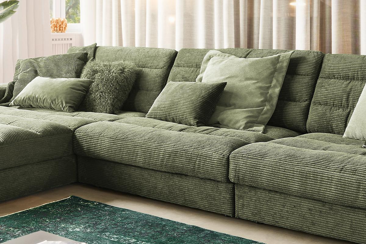 ECKSOFA XL LANA Grün Cord - Schwarz/Olivgrün, Textil (416/205cm) - KAWOLA