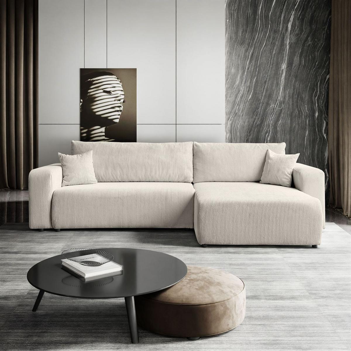 ECKSOFA Gepolstertes PRESTIGE XL mit Schlaffunktion und Bettkasten, Poso 100 - Ecru, Textil (277/143cm) - Lookway
