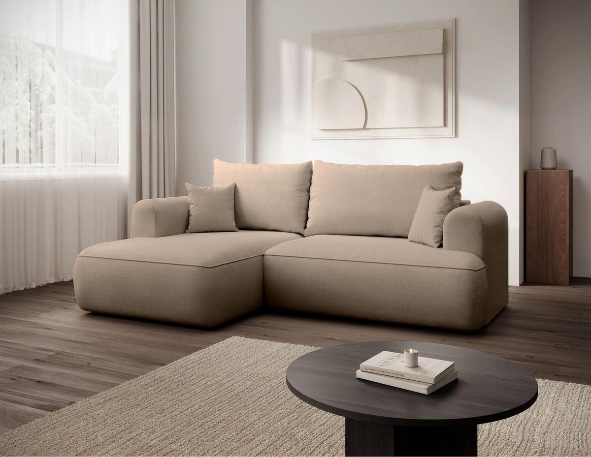 ECKSCHLAFSOFA Ovo Mini Beige Easy-Clean-Chenille-Bezug - Beige/Schwarz, Kunststoff/Textil (238/156cm) - Selsey