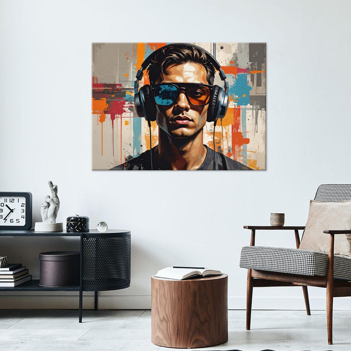 LEINWANDBILD, Abstraktr Mann mit Kopfbedeckung und Brille - Multicolor, Textil (60/40cm) - Feeby