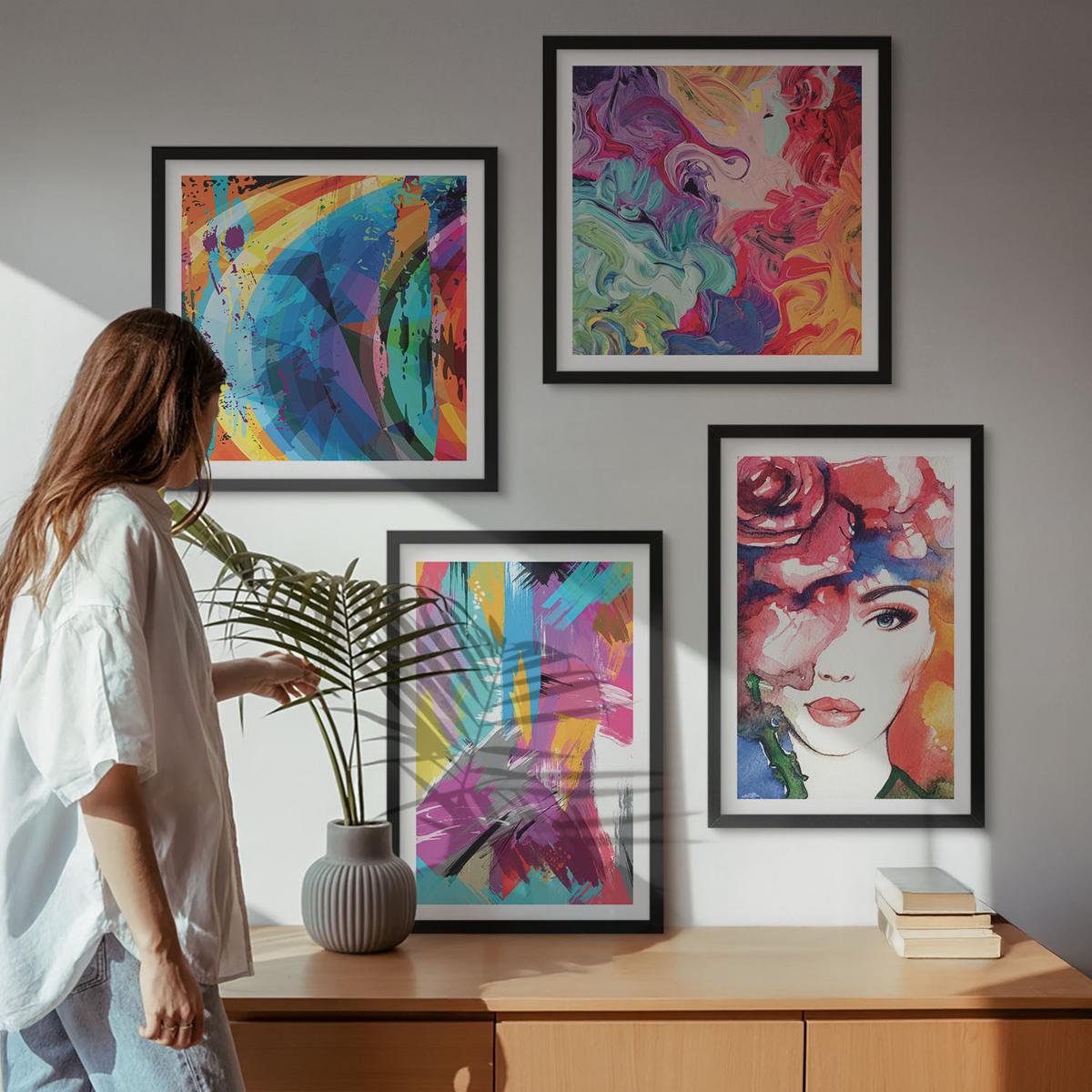 BILDER SET 4er Set - 50x50 cm & 40x60 cm Schwarzer Rahmen - Farbenfrohes abstraktes Porträt - Schwarz, Kunststoff (50/50cm) - TULUP