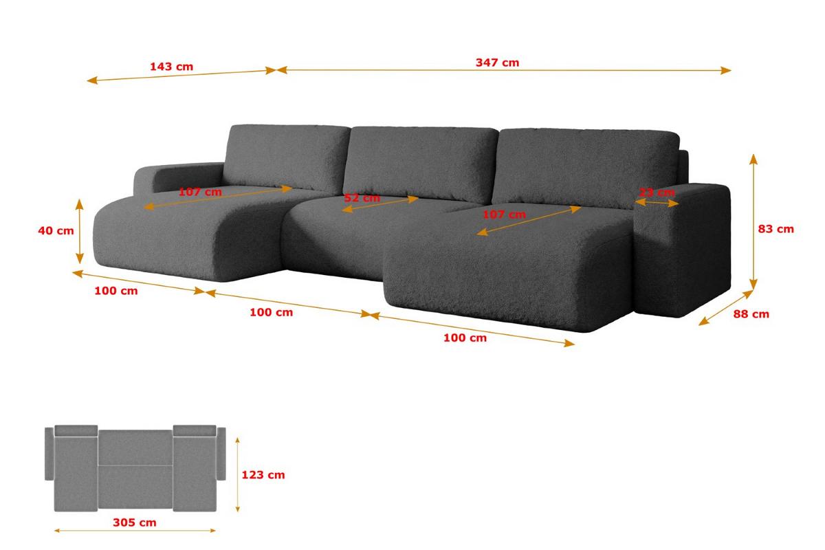 WOHNLANDSCHAFT mit Schlaffunktion und Bettkasten KLEEA-U - 347x143x83 cm Grau Bouclé - Schwarz/Grau, Holzwerkstoff/Kunststoff (347/83/143cm) - ALTDECOR