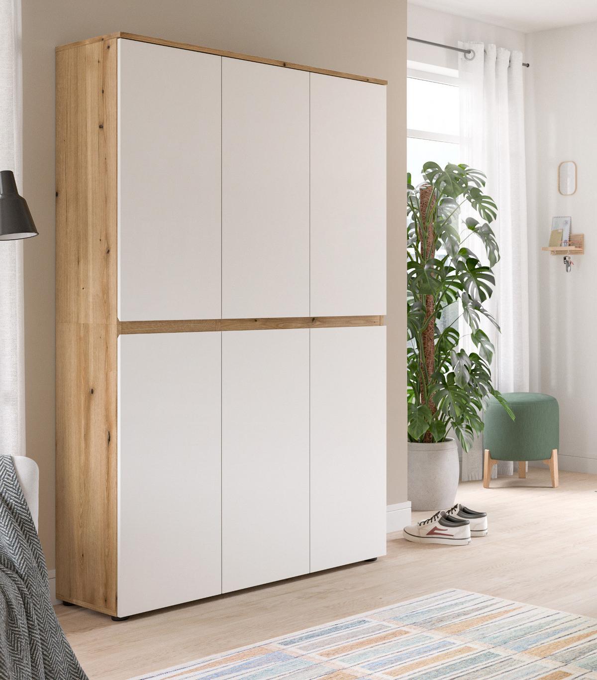 MEHRZWECKSCHRANK Weiß und Evoke Eiche 105 x 175 cm, Stauraumschrank 6-türig mit 18 Fächern - Eichefarben/Schwarz, Holzwerkstoff/Kunststoff (105/175/37cm) - Inn.Furn